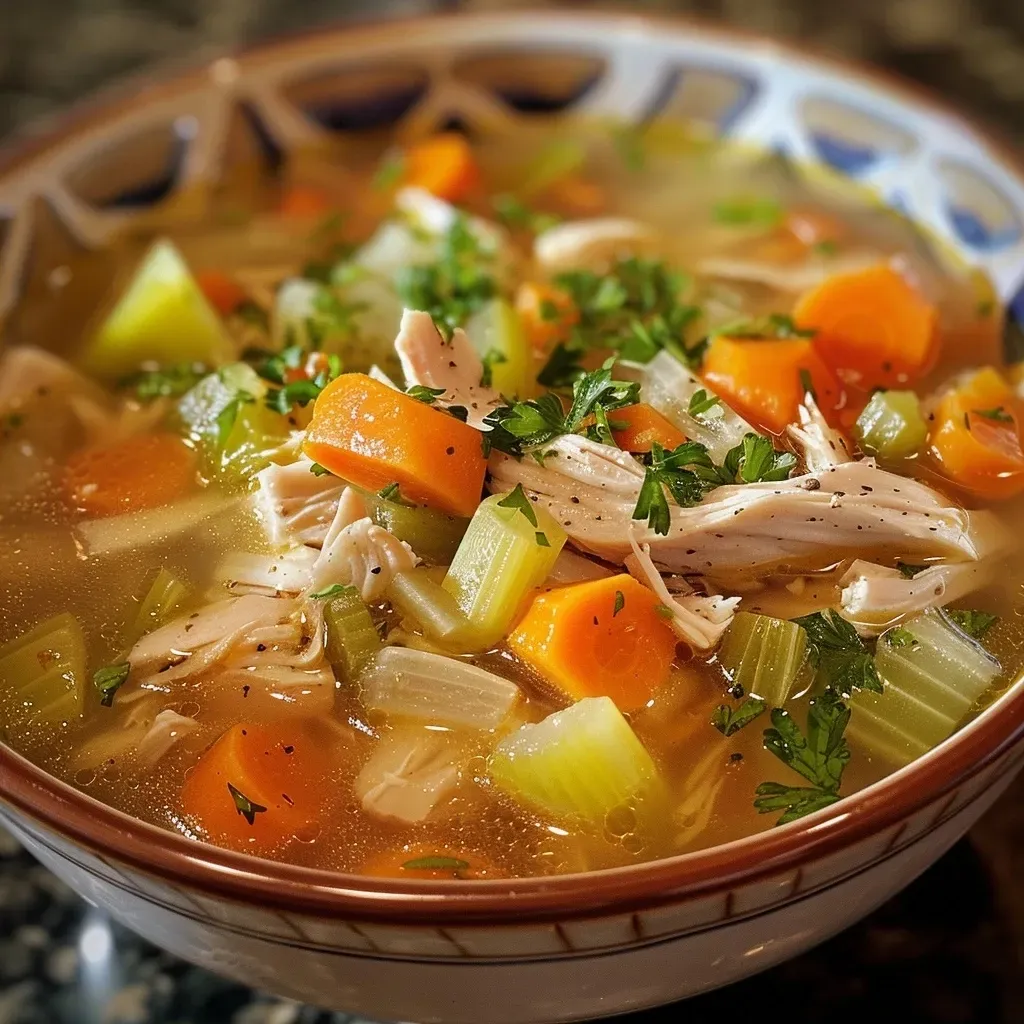 ['Close-up view of a bowl of homemade chicken soup with visible chunks of chicken and vegetables.', 'Side view of a steaming bowl of chicken soup, showcasing noodles and fresh herbs.', 'Detailed shot of homemade chicken soup filled with carrots, celery, and aromatic herbs.', 'Portion of delicious chicken soup with a rich broth and colorful vegetables, captured from the side.']