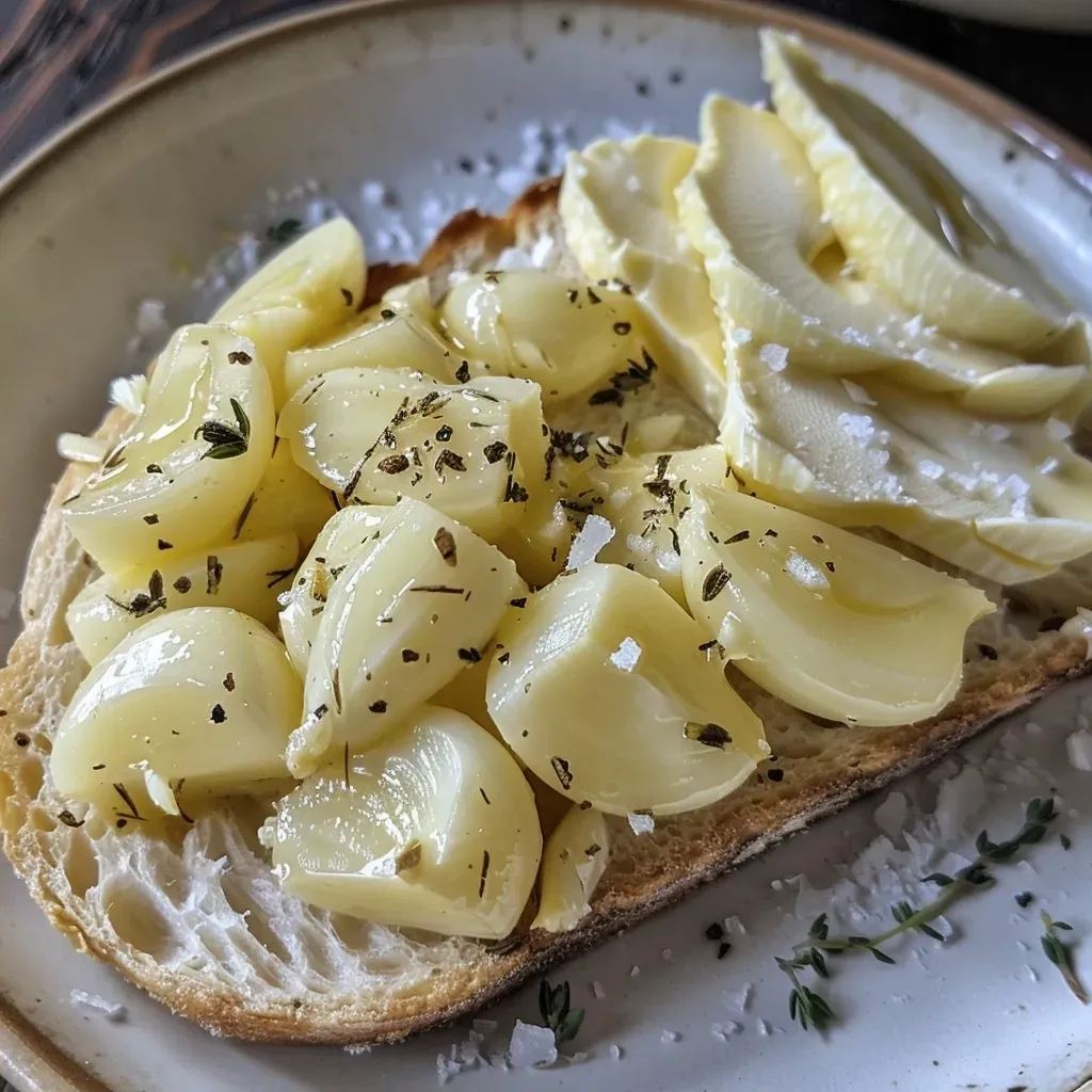 ['Close-up of creamy homemade roasted garlic butter in a dish.', 'Side view of a textured garlic butter spread with roasted garlic cloves.', 'Freshly made roasted garlic butter on a wooden table, with garlic bulbs in the background.', 'Rich, golden homemade roasted garlic butter showcased on a rustic plate.']