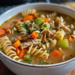 ['Close-up of a steaming bowl of homemade turkey noodle soup with visible vegetables and noodles.', 'Side view of a hearty turkey noodle soup featuring diced carrots, celery, and pieces of turkey.', 'Bowls of turkey noodle soup showing rich broth, herbs, and pasta noodles complemented by fresh ingredients.', 'A warm serving of turkey noodle soup with vibrant vegetables and shredded turkey in a rustic bowl.']