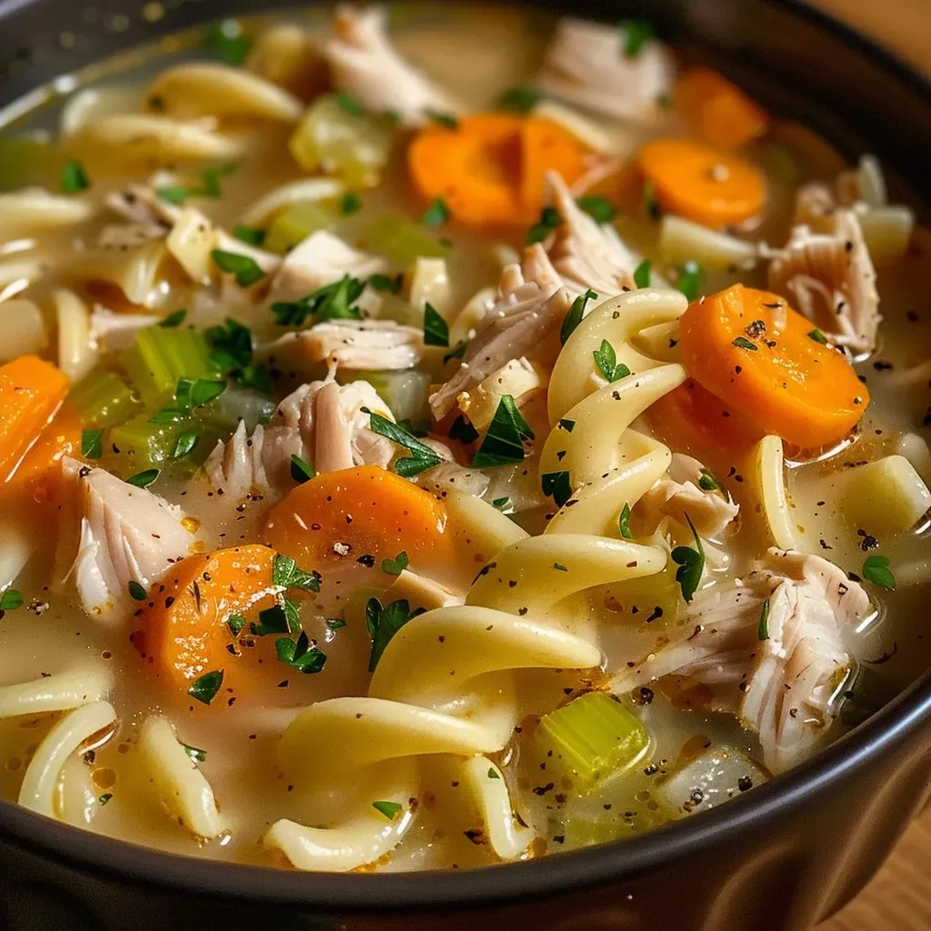 ['Close-up of a steaming bowl of homemade turkey noodle soup with visible vegetables and noodles.', 'Side view of a hearty turkey noodle soup featuring diced carrots, celery, and pieces of turkey.', 'Bowls of turkey noodle soup showing rich broth, herbs, and pasta noodles complemented by fresh ingredients.', 'A warm serving of turkey noodle soup with vibrant vegetables and shredded turkey in a rustic bowl.']