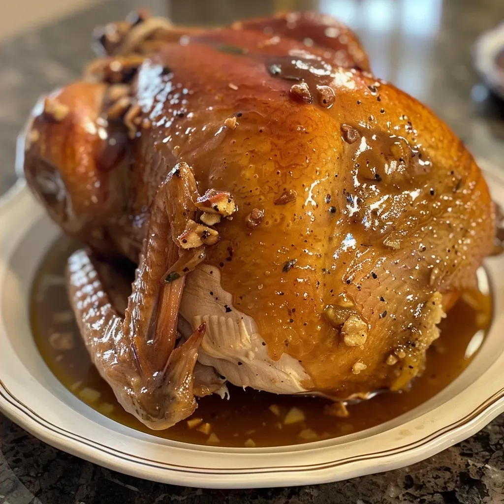 ['Close-up side view of a juicy Honey Baked Turkey Breast garnished with herbs.', 'A succulent boneless turkey breast glistening with honey glaze and spices.', 'Tender Honey Baked Turkey Breast with a caramelized exterior and rich golden color.', 'Side view of a juicy turkey breast roast showcasing its golden-brown glaze.']