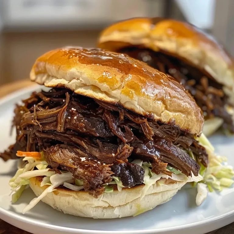 ['A close-up view of a juicy honey bourbon pulled beef sandwich on a rustic wooden plate.', 'Side view of a delicious pulled beef sandwich with honey bourbon glaze, topped with slaw and pickled onions.', 'Juicy pulled beef sandwich stacked high with tangy slaw and pickled onions, captured in vibrant detail.', 'Gourmet honey bourbon pulled beef sandwich displayed on a table, showcasing its rich texture and flavors.']