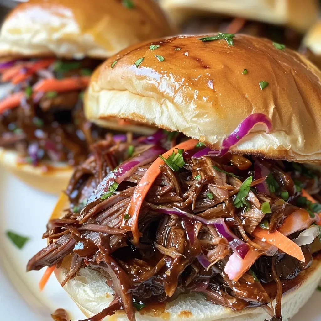 ['A close-up view of a juicy honey bourbon pulled beef sandwich on a rustic wooden plate.', 'Side view of a delicious pulled beef sandwich with honey bourbon glaze, topped with slaw and pickled onions.', 'Juicy pulled beef sandwich stacked high with tangy slaw and pickled onions, captured in vibrant detail.', 'Gourmet honey bourbon pulled beef sandwich displayed on a table, showcasing its rich texture and flavors.']