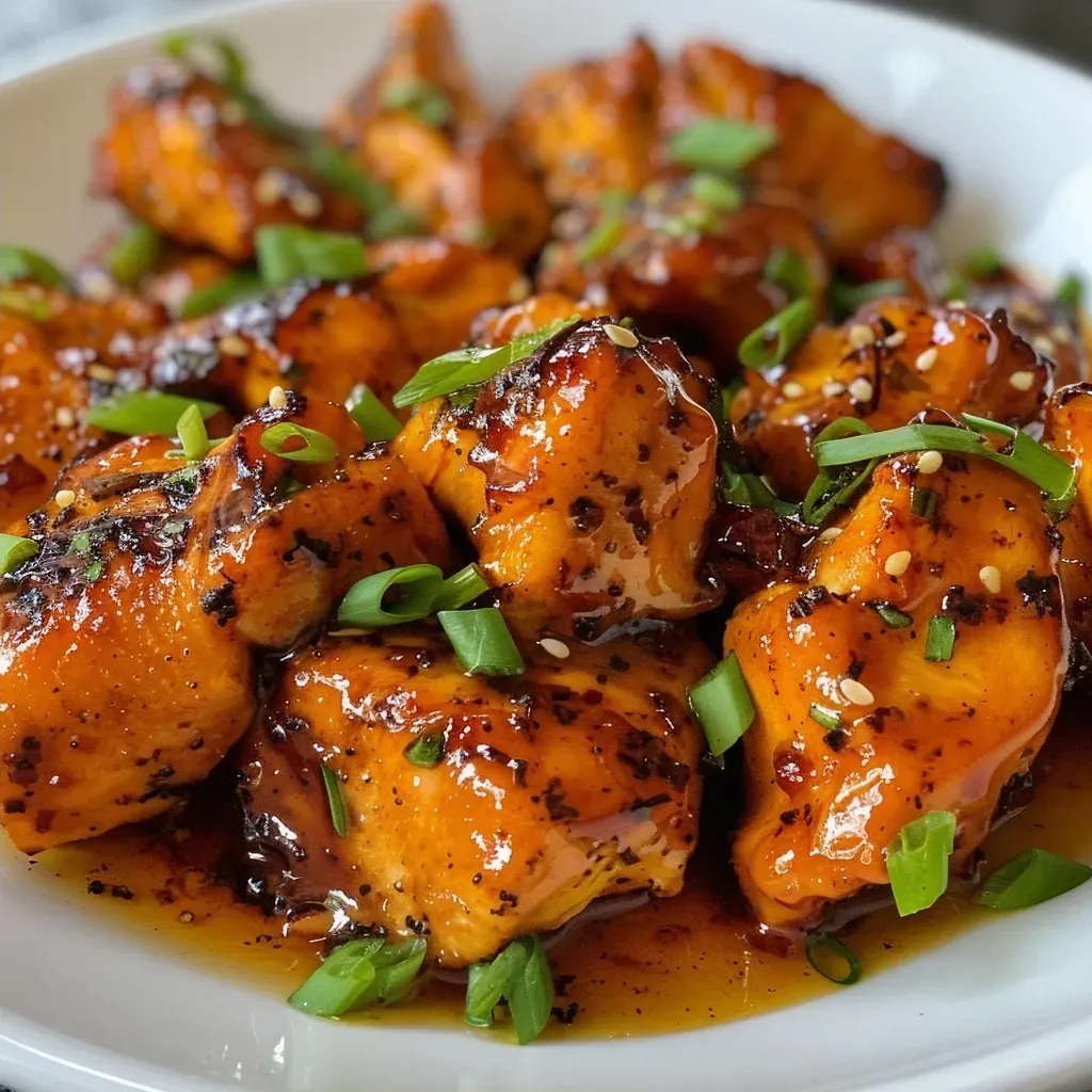 ['Close-up of Honey Butter Chicken, showcasing juicy, golden-brown chicken pieces glazed with honey butter sauce.', 'Side view of a plate of Honey Butter Chicken garnished with sliced green onions, highlighting the rich, sticky glaze.', 'Juicy Honey Butter Chicken displayed on a white plate, with visible honey butter sauce and green onion garnish.', 'A delicious portion of Honey Butter Chicken, focusing on the crispy exterior and shiny glaze, served on a rustic surface.']