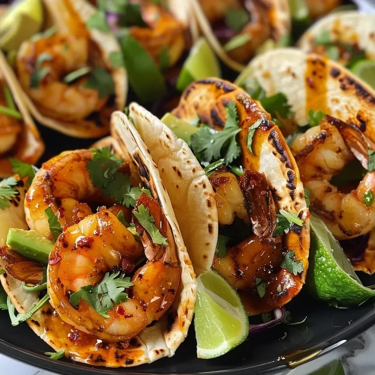['Close-up view of Honey Chili Shrimp Tacos arranged on a plate with vibrant colors.', 'Side view of juicy shrimp tacos with honey chili glaze, garnished with avocado and cilantro.', 'Delicious Honey Chili Shrimp Tacos served with lime wedges and shredded cabbage.', 'Plate of colorful shrimp tacos with toppings, featuring a shiny honey chili sauce.']