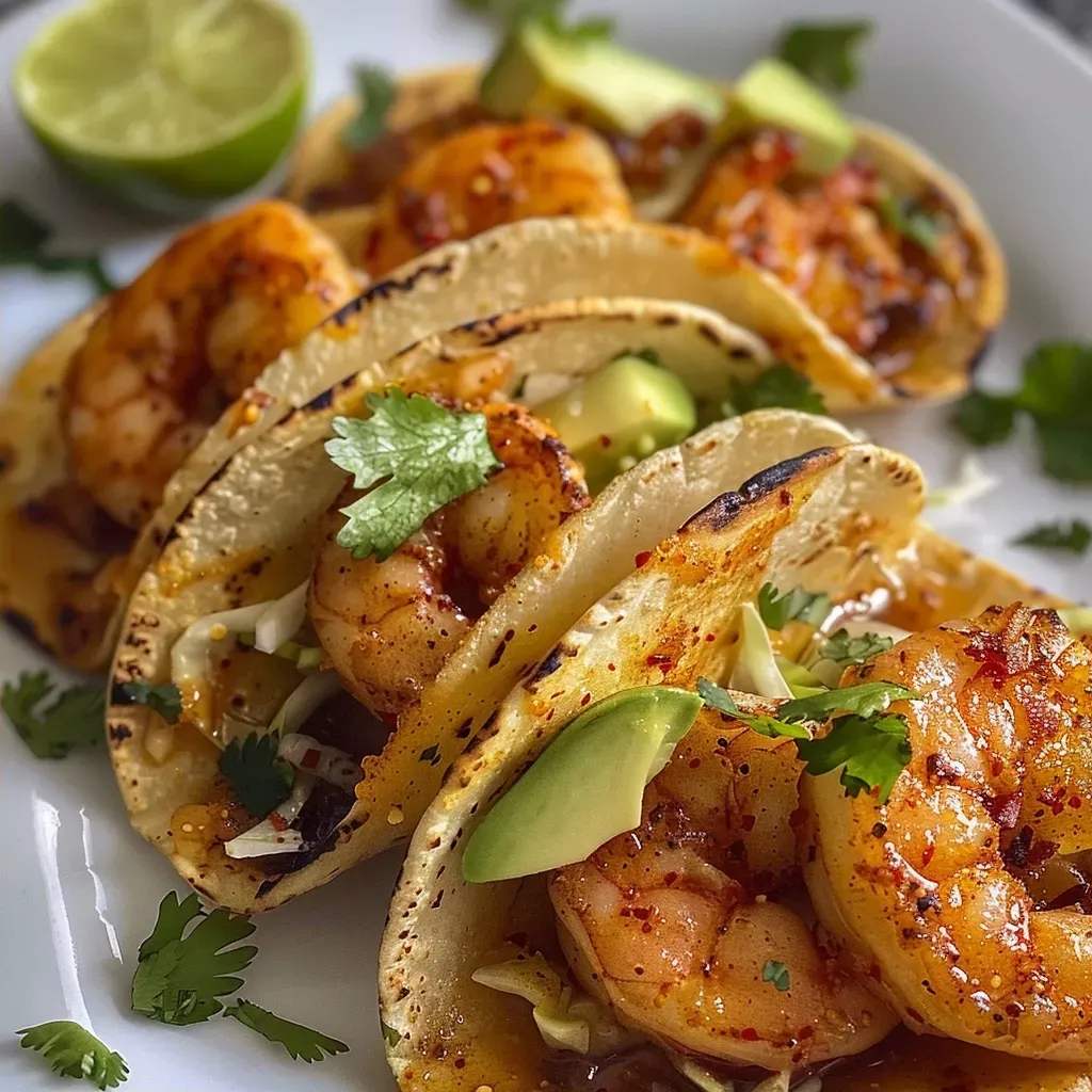 ['Close-up view of Honey Chili Shrimp Tacos arranged on a plate with vibrant colors.', 'Side view of juicy shrimp tacos with honey chili glaze, garnished with avocado and cilantro.', 'Delicious Honey Chili Shrimp Tacos served with lime wedges and shredded cabbage.', 'Plate of colorful shrimp tacos with toppings, featuring a shiny honey chili sauce.']
