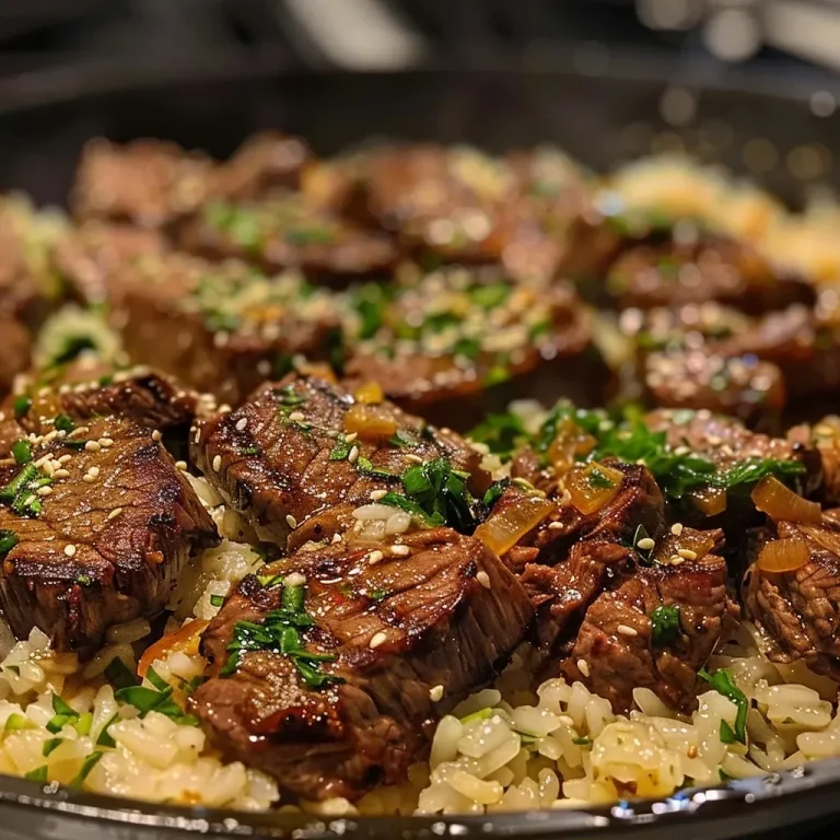 ['Close-up view of a shiny, plated Honey Garlic Butter Steak and Rice Skillet filled with juicy steak strips and rice.', 'Side view of a delicious Honey Garlic Butter Steak and Rice Skillet showcasing tender meat and fluffy rice.', 'Close-up image highlighting a bowl of Honey Garlic Butter Steak and Rice Skillet with caramelized garlic and herbs.', 'Detailed view of Honey Garlic Butter Steak and Rice Skillet, featuring succulent steak and garnished rice.']