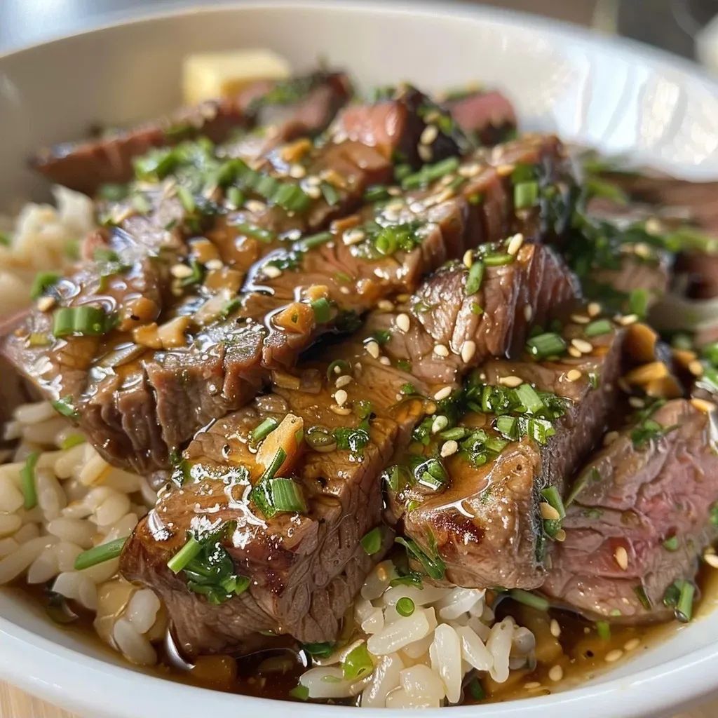 ['Close-up view of a shiny, plated Honey Garlic Butter Steak and Rice Skillet filled with juicy steak strips and rice.', 'Side view of a delicious Honey Garlic Butter Steak and Rice Skillet showcasing tender meat and fluffy rice.', 'Close-up image highlighting a bowl of Honey Garlic Butter Steak and Rice Skillet with caramelized garlic and herbs.', 'Detailed view of Honey Garlic Butter Steak and Rice Skillet, featuring succulent steak and garnished rice.']