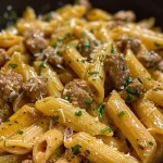 ['Close-up view of creamy honey garlic sausage pasta topped with grated Parmesan.', 'Juicy honey garlic sausage served on penne pasta, garnished with herbs and cheese.', 'Side view of a bowl of pasta featuring Italian sausage in a creamy garlic sauce.', 'Appetizing shot of honey garlic sausage pasta, showcasing rich sauce and ingredients.']