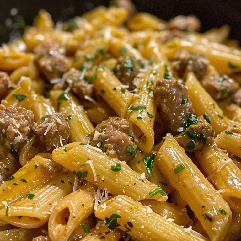 ['Close-up view of creamy honey garlic sausage pasta topped with grated Parmesan.', 'Juicy honey garlic sausage served on penne pasta, garnished with herbs and cheese.', 'Side view of a bowl of pasta featuring Italian sausage in a creamy garlic sauce.', 'Appetizing shot of honey garlic sausage pasta, showcasing rich sauce and ingredients.']