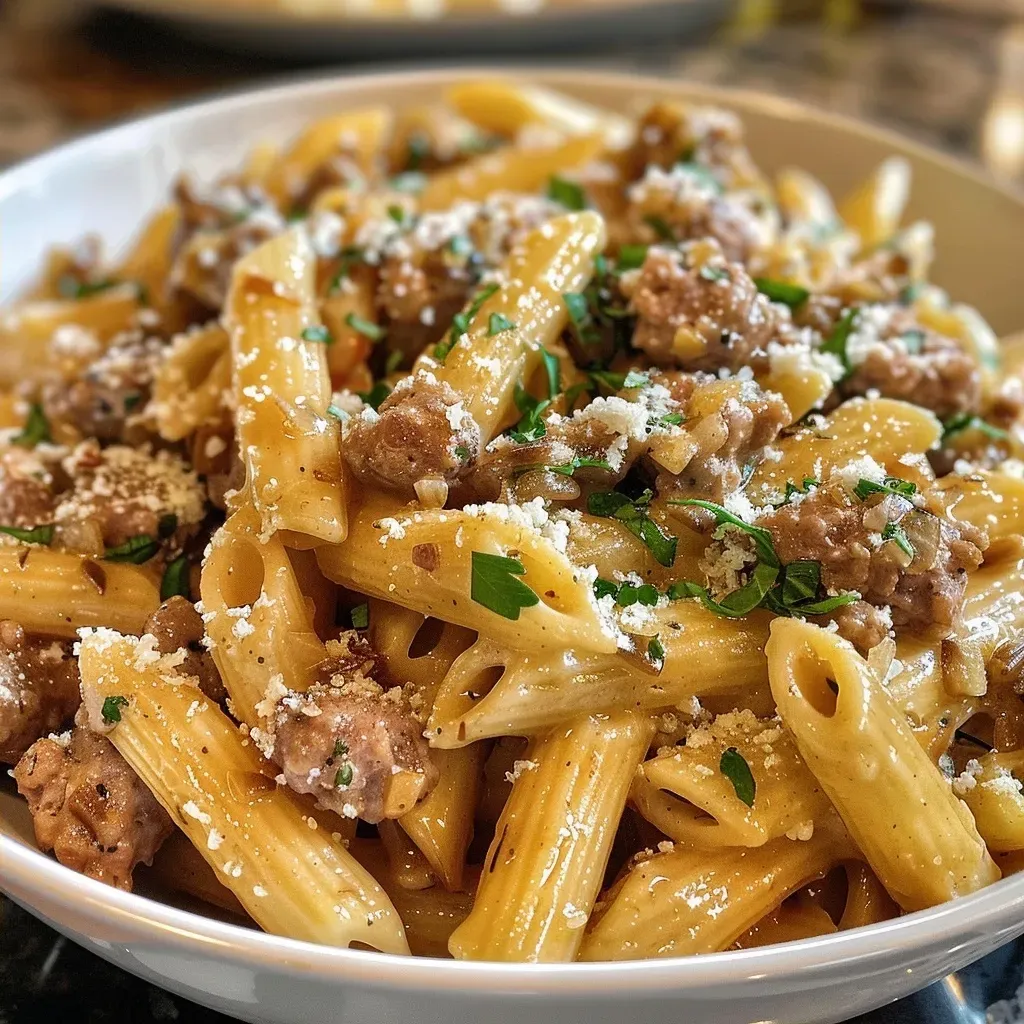 ['Close-up view of creamy honey garlic sausage pasta topped with grated Parmesan.', 'Juicy honey garlic sausage served on penne pasta, garnished with herbs and cheese.', 'Side view of a bowl of pasta featuring Italian sausage in a creamy garlic sauce.', 'Appetizing shot of honey garlic sausage pasta, showcasing rich sauce and ingredients.']