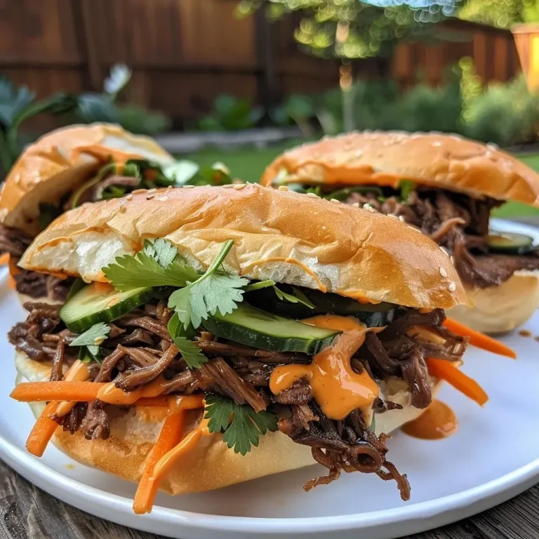 ['A close-up side view of a juicy Honey Garlic Shredded Beef Sandwich with vibrant toppings.', 'An appetizing shot of a Honey Garlic Shredded Beef Sandwich showcasing shredded beef and fresh vegetables.', 'A detailed view of Honey Garlic Shredded Beef Sandwiches with a garnish of cilantro and colorful toppings.', 'A mouth-watering side angle of a sandwich filled with honey garlic shredded beef and fresh veggies.']