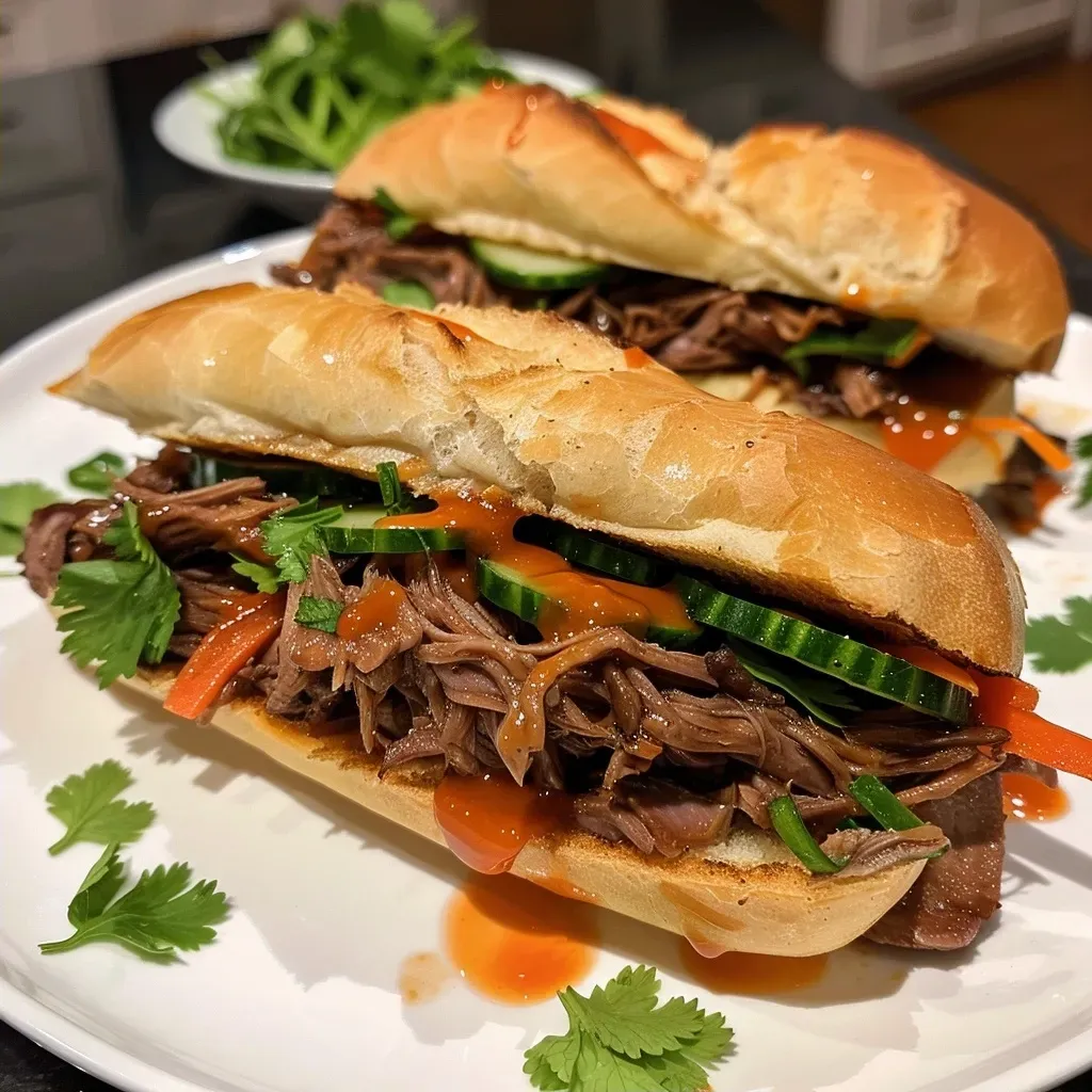 ['A close-up side view of a juicy Honey Garlic Shredded Beef Sandwich with vibrant toppings.', 'An appetizing shot of a Honey Garlic Shredded Beef Sandwich showcasing shredded beef and fresh vegetables.', 'A detailed view of Honey Garlic Shredded Beef Sandwiches with a garnish of cilantro and colorful toppings.', 'A mouth-watering side angle of a sandwich filled with honey garlic shredded beef and fresh veggies.']