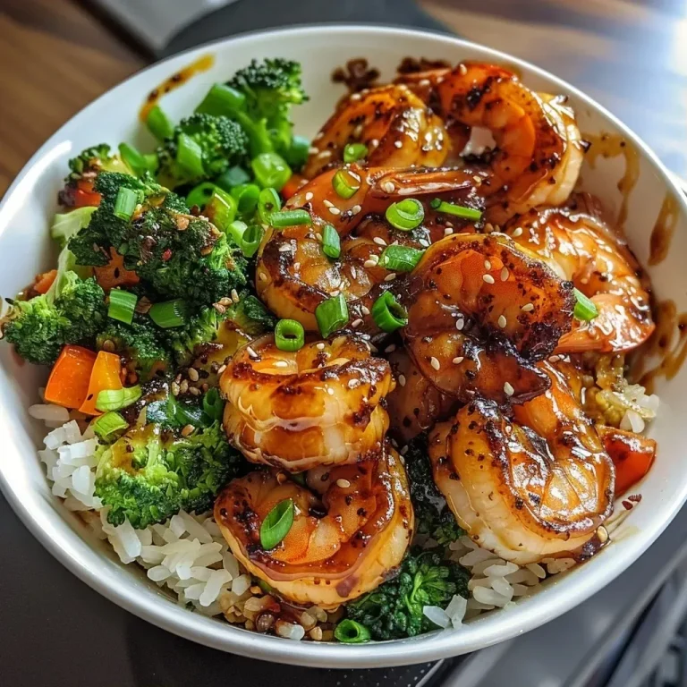 ['A vibrant bowl filled with juicy honey garlic shrimp, colorful bell peppers, and broccoli over rice.', 'A close-up view of honey garlic shrimp bowl showcasing shrimp, vegetables, and garnishes.', 'A side view of a delicious shrimp bowl featuring shrimp, mixed vegetables, and aromatic herbs.', 'A detailed shot of a honey garlic shrimp dish with jasmine rice, bright bell peppers, and green onions.']