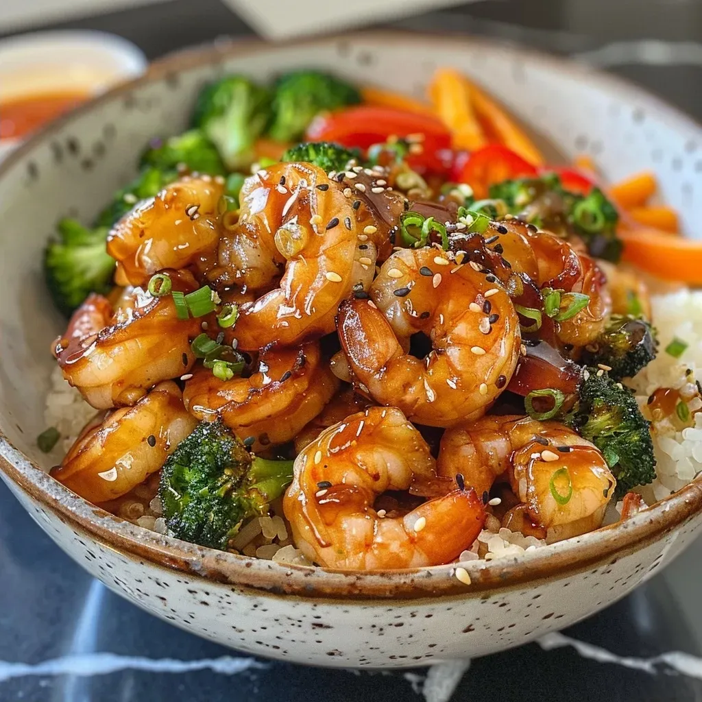['A vibrant bowl filled with juicy honey garlic shrimp, colorful bell peppers, and broccoli over rice.', 'A close-up view of honey garlic shrimp bowl showcasing shrimp, vegetables, and garnishes.', 'A side view of a delicious shrimp bowl featuring shrimp, mixed vegetables, and aromatic herbs.', 'A detailed shot of a honey garlic shrimp dish with jasmine rice, bright bell peppers, and green onions.']