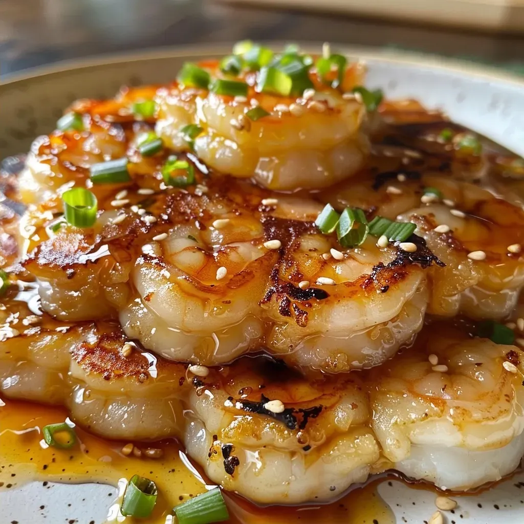 ['Close-up view of a crispy honey garlic shrimp pancake, showcasing its golden brown texture and shrimp pieces.', 'Side view of a delicious honey garlic shrimp pancake, highlighting the juicy shrimp and crispy edges.', 'Detailed image of a honey garlic shrimp pancake, revealing the chewy inside and glistening garlic sauce.', 'Close-up of a savory shrimp pancake, with a focus on the crispy exterior and aromatic garlic bits.']