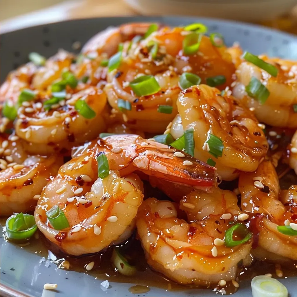 ['Close-up of juicy honey garlic shrimp garnished with green onions and sesame seeds.', 'Side view of succulent shrimp glazed in honey garlic sauce with a sprinkle of sesame seeds.', 'Detailed shot of honey garlic shrimp featuring vibrant green onion and glossy sauce.', 'Appetizing honey garlic shrimp presented in a bowl with a garnish of chopped green onions.']