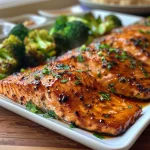 ['Close-up of honey glazed salmon fillet with shiny glaze and garnished broccoli.', 'Juicy salmon filet topped with a golden honey glaze alongside vibrant green broccoli.', 'Side view of honey glazed salmon on a plate, showcasing its glistening surface and steamed broccoli.', 'Freshly cooked salmon filet drizzled with honey glaze, served with broccoli florets.']