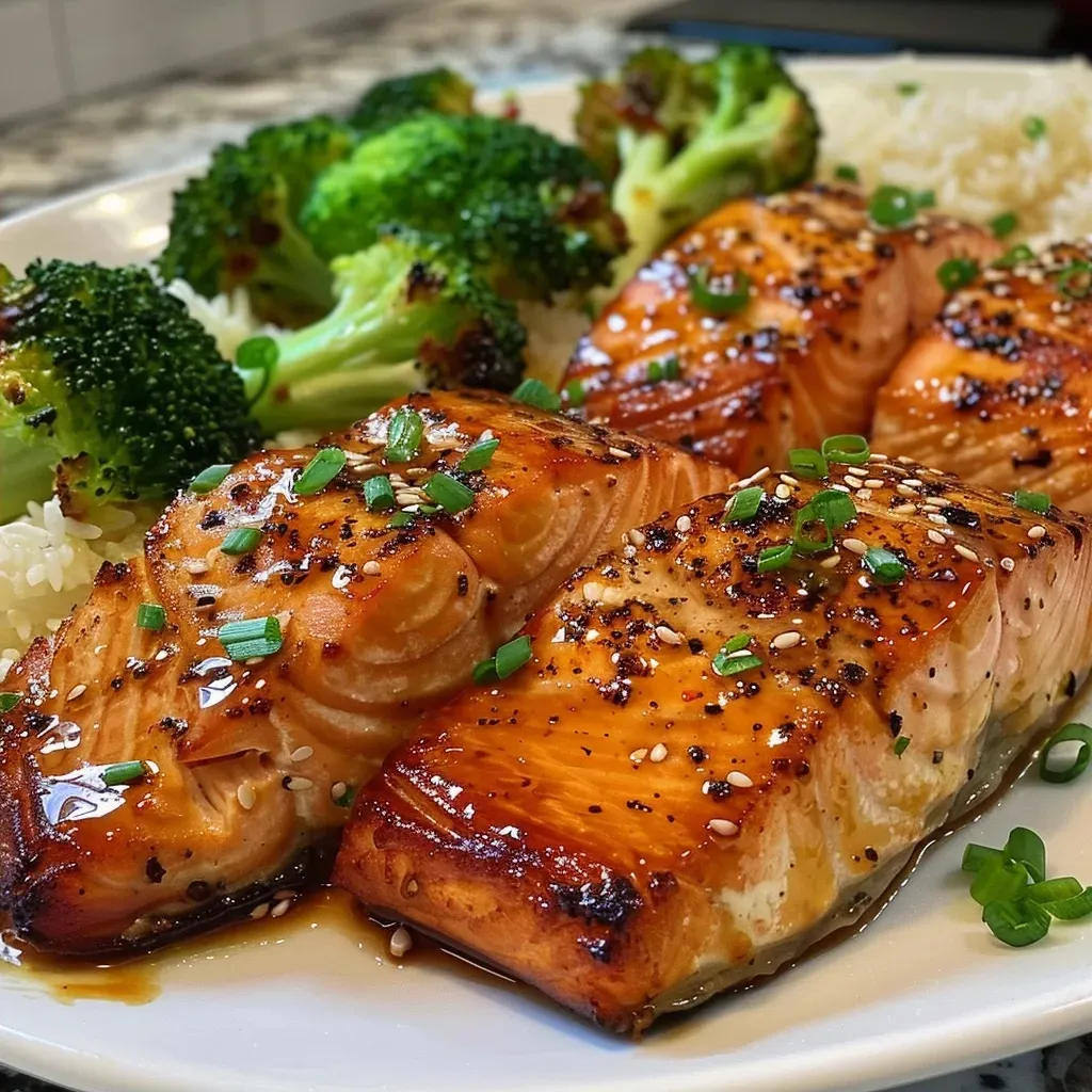 ['Close-up of honey glazed salmon fillet with shiny glaze and garnished broccoli.', 'Juicy salmon filet topped with a golden honey glaze alongside vibrant green broccoli.', 'Side view of honey glazed salmon on a plate, showcasing its glistening surface and steamed broccoli.', 'Freshly cooked salmon filet drizzled with honey glaze, served with broccoli florets.']