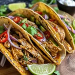 ['Close-up of juicy honey lime chicken tacos arranged on a plate.', 'Side view of flavorful chicken tacos topped with fresh ingredients.', 'Succulent honey lime chicken tacos with vibrant toppings on a table.', 'A delectable presentation of honey lime chicken tacos ready to eat.']
