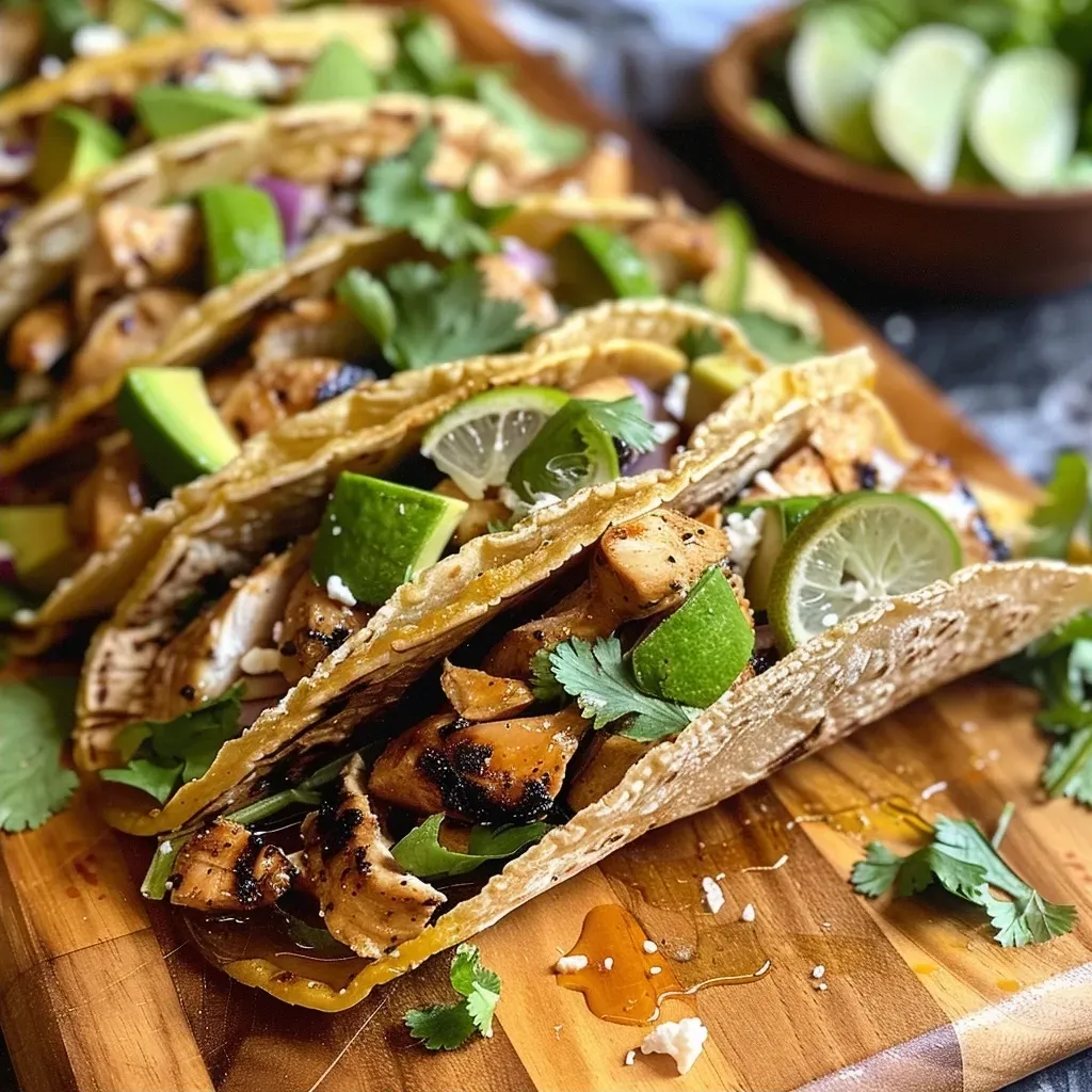 ['Close-up of juicy honey lime chicken tacos arranged on a plate.', 'Side view of flavorful chicken tacos topped with fresh ingredients.', 'Succulent honey lime chicken tacos with vibrant toppings on a table.', 'A delectable presentation of honey lime chicken tacos ready to eat.']