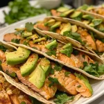 ['Close-up view of honey lime salmon tacos with vibrant toppings.', 'Side view of delicious salmon tacos garnished with avocado and cilantro.', 'Juicy salmon tacos with lime and honey drizzle, served on a plate.', 'Colorful salmon tacos filled with lettuce, sliced avocado, and hot sauce.']
