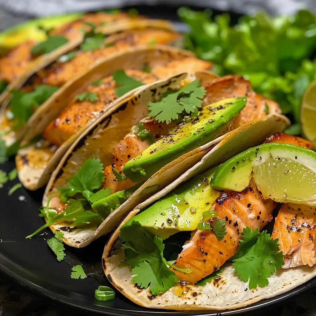 ['Close-up view of honey lime salmon tacos with vibrant toppings.', 'Side view of delicious salmon tacos garnished with avocado and cilantro.', 'Juicy salmon tacos with lime and honey drizzle, served on a plate.', 'Colorful salmon tacos filled with lettuce, sliced avocado, and hot sauce.']