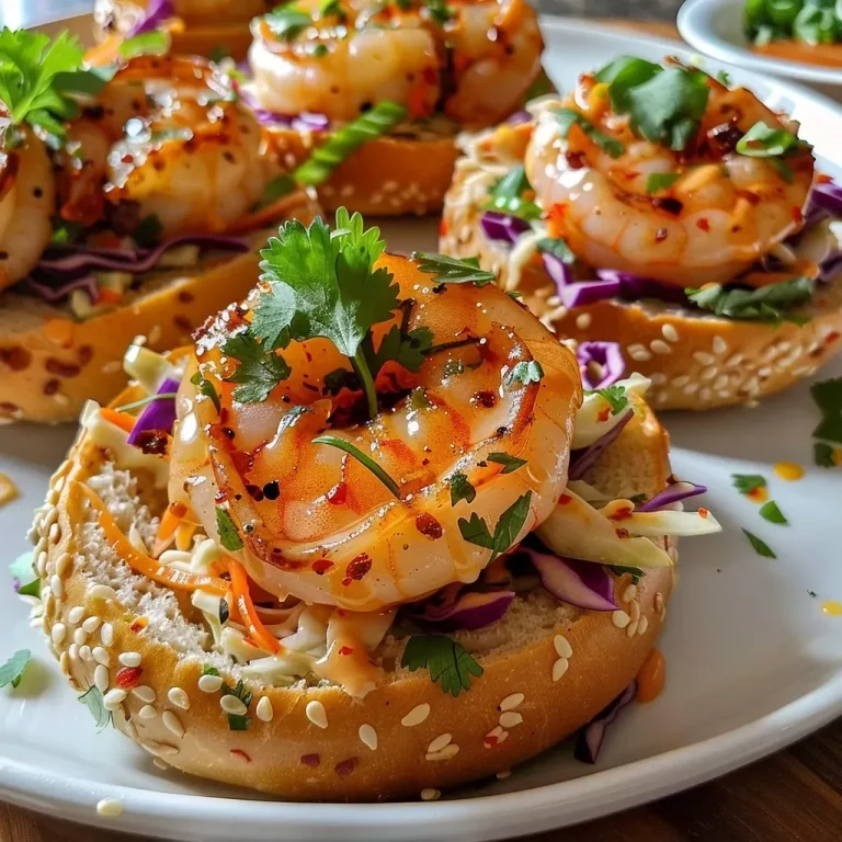 ['Close-up view of a sesame bagel topped with honey-lime shrimp and chili mayo.', 'Side view of a sesame bagel filled with shrimp, garnished with cilantro on a plate.', 'Juicy honey-lime shrimp on a toasted sesame bagel with a drizzle of chili mayo.', 'Slice of sesame bagel showcasing shrimp, lime, and a creamy red sauce on top.']