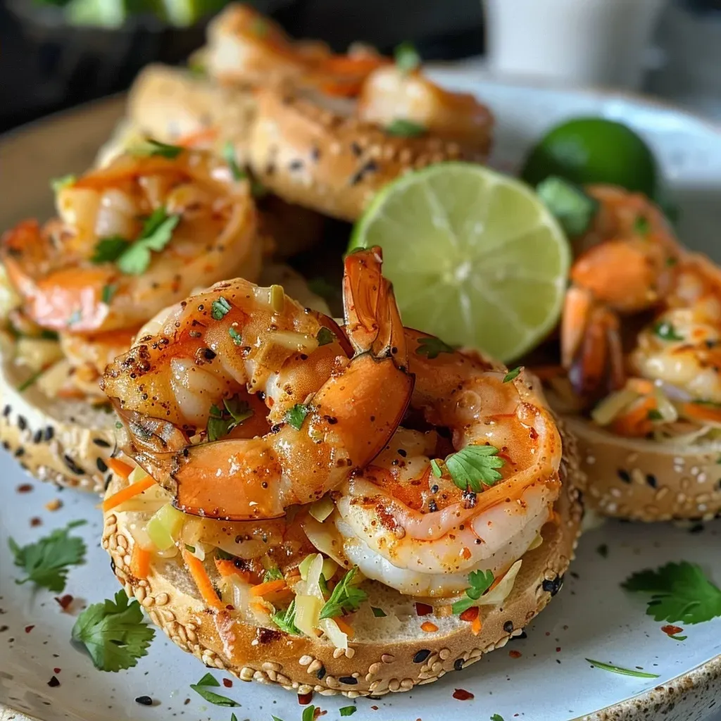 ['Close-up view of a sesame bagel topped with honey-lime shrimp and chili mayo.', 'Side view of a sesame bagel filled with shrimp, garnished with cilantro on a plate.', 'Juicy honey-lime shrimp on a toasted sesame bagel with a drizzle of chili mayo.', 'Slice of sesame bagel showcasing shrimp, lime, and a creamy red sauce on top.']