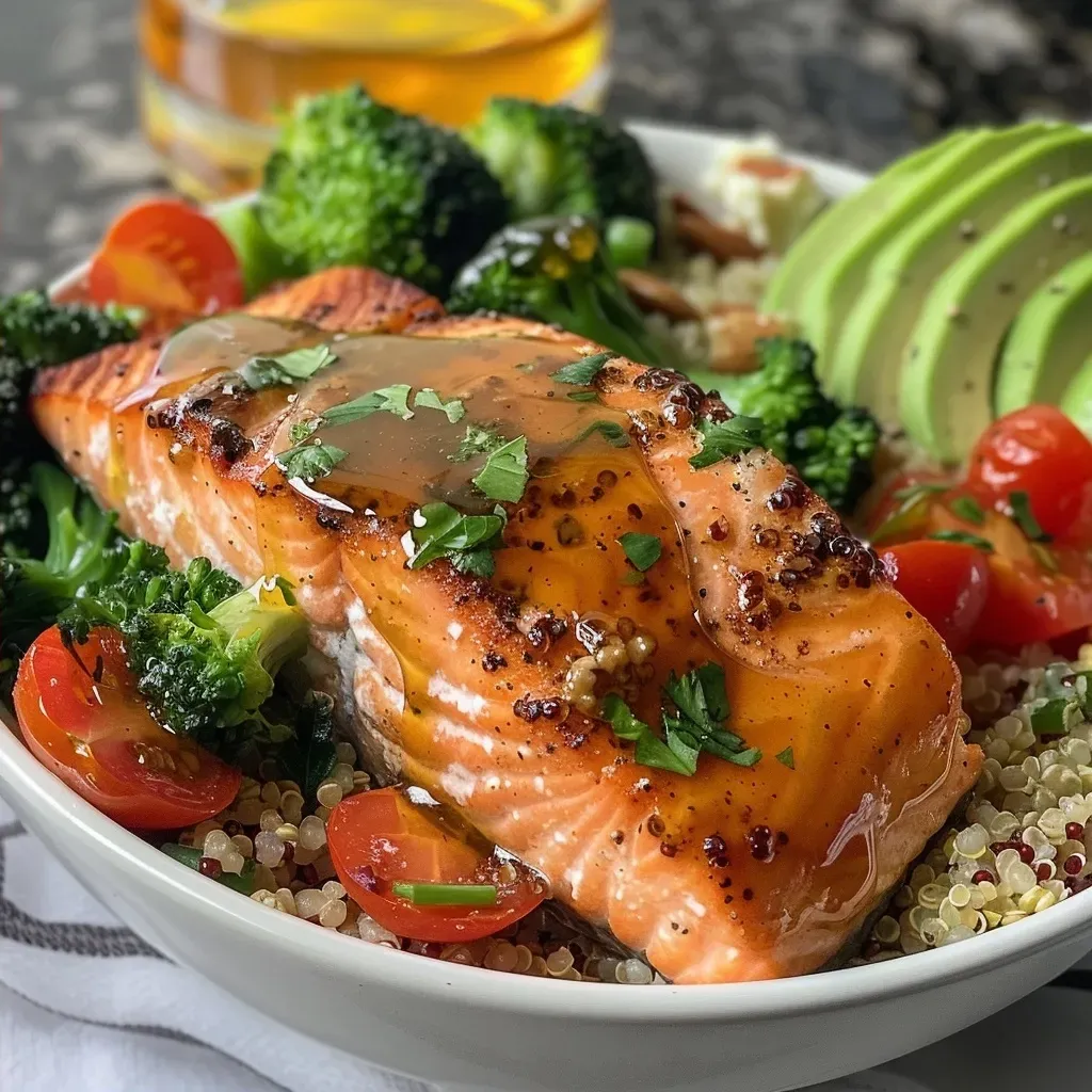 ['Close-up view of a Honey Mustard Salmon Bowl with salmon, quinoa, and vibrant vegetables.', 'Side angle of a colorful Honey Mustard Salmon Bowl featuring fresh ingredients like avocado and cherry tomatoes.', 'Detailed shot of a plated Honey Mustard Salmon Bowl showcasing salmon fillets, green broccoli, and feta cheese.', 'Zoomed-in image of a Honey Mustard Salmon Bowl, highlighting juicy salmon with a drizzle of sauce and garnish.']