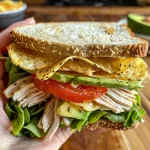 ['A close-up view of a Honey Mustard Turkey Avocado Sandwich, showcasing layers of turkey, avocado, and vegetables between two slices of bread.', 'Side view of a delicious turkey sandwich, featuring honey mustard, ripe avocado, lettuce, and tomato on sturdy bread.', 'Detailed close-up of a sandwich with turkey, honey mustard, avocado, and red onion, focused on the fresh ingredients.', 'Juicy Honey Mustard Turkey Avocado Sandwich captured from the side, highlighting its vibrant fillings and textures.']