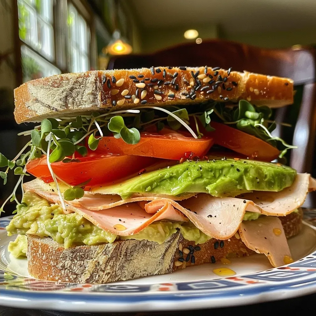 ['A close-up view of a Honey Mustard Turkey Avocado Sandwich, showcasing layers of turkey, avocado, and vegetables between two slices of bread.', 'Side view of a delicious turkey sandwich, featuring honey mustard, ripe avocado, lettuce, and tomato on sturdy bread.', 'Detailed close-up of a sandwich with turkey, honey mustard, avocado, and red onion, focused on the fresh ingredients.', 'Juicy Honey Mustard Turkey Avocado Sandwich captured from the side, highlighting its vibrant fillings and textures.']