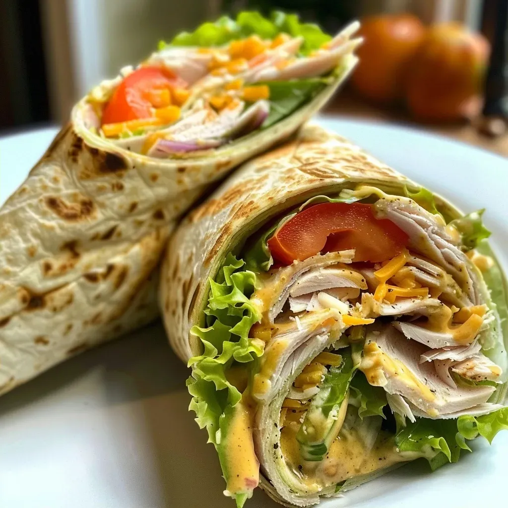 ['Close-up view of a Honey Mustard Turkey Wrap filled with lettuce, turkey, tomato, cheese, and red onion.', 'Side view of a delicious Honey Mustard Turkey Wrap showing layers of ingredients including turkey and vegetables.', 'Juicy Honey Mustard Turkey Wrap with vibrant fillings, presented in a close-up angle.', 'Detailed side shot of a Honey Mustard Turkey Wrap revealing its colorful ingredients and texture.']