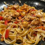 ['Close-up of Honey Pepper Chicken Pasta with vibrant red bell peppers and glazed chicken.', 'Side view of a bowl filled with Honey Pepper Chicken Pasta, showcasing the juicy chicken and noodles.', 'Juicy Honey Pepper Chicken Pasta highlighted in a close-up shot, featuring garlic and honey glaze.', 'Detailed view of Honey Pepper Chicken Pasta, with fettuccine, sliced peppers, and glossy chicken pieces.']