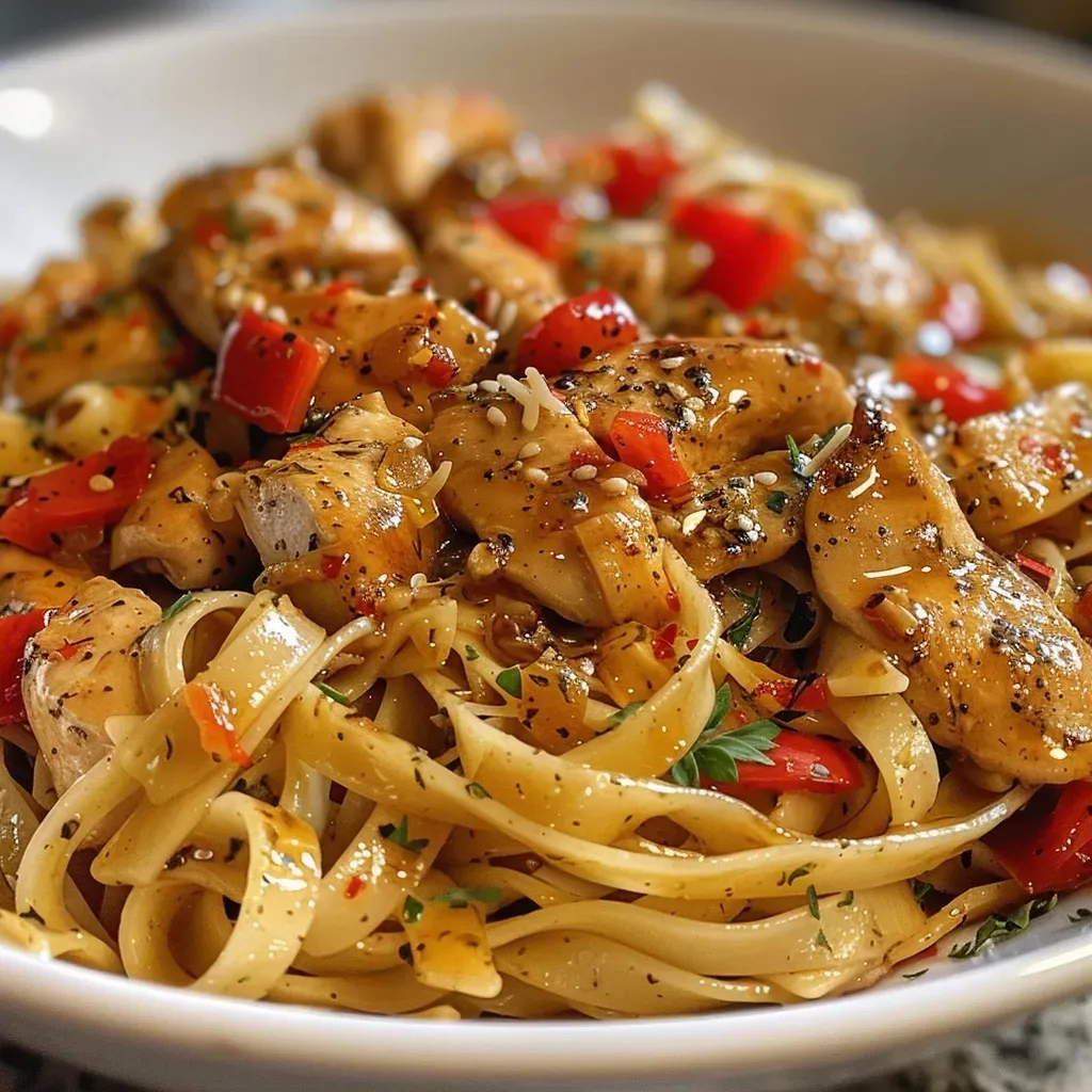 ['Close-up of Honey Pepper Chicken Pasta with vibrant red bell peppers and glazed chicken.', 'Side view of a bowl filled with Honey Pepper Chicken Pasta, showcasing the juicy chicken and noodles.', 'Juicy Honey Pepper Chicken Pasta highlighted in a close-up shot, featuring garlic and honey glaze.', 'Detailed view of Honey Pepper Chicken Pasta, with fettuccine, sliced peppers, and glossy chicken pieces.']