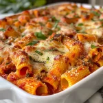 ['A close-up side view of a Honeycomb Pasta Bake with melted cheese and marinara sauce.', 'Golden-brown pasta bake with layers of cheese and sauce, freshly garnished with basil.', 'A steaming dish of Honeycomb Pasta Bake, showcasing its cheesy texture and rich marinara.', 'Side angle of a delicious Honeycomb Pasta Bake, with rigatoni and gooey mozzarella.']