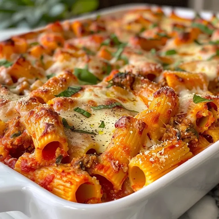 ['A close-up side view of a Honeycomb Pasta Bake with melted cheese and marinara sauce.', 'Golden-brown pasta bake with layers of cheese and sauce, freshly garnished with basil.', 'A steaming dish of Honeycomb Pasta Bake, showcasing its cheesy texture and rich marinara.', 'Side angle of a delicious Honeycomb Pasta Bake, with rigatoni and gooey mozzarella.']