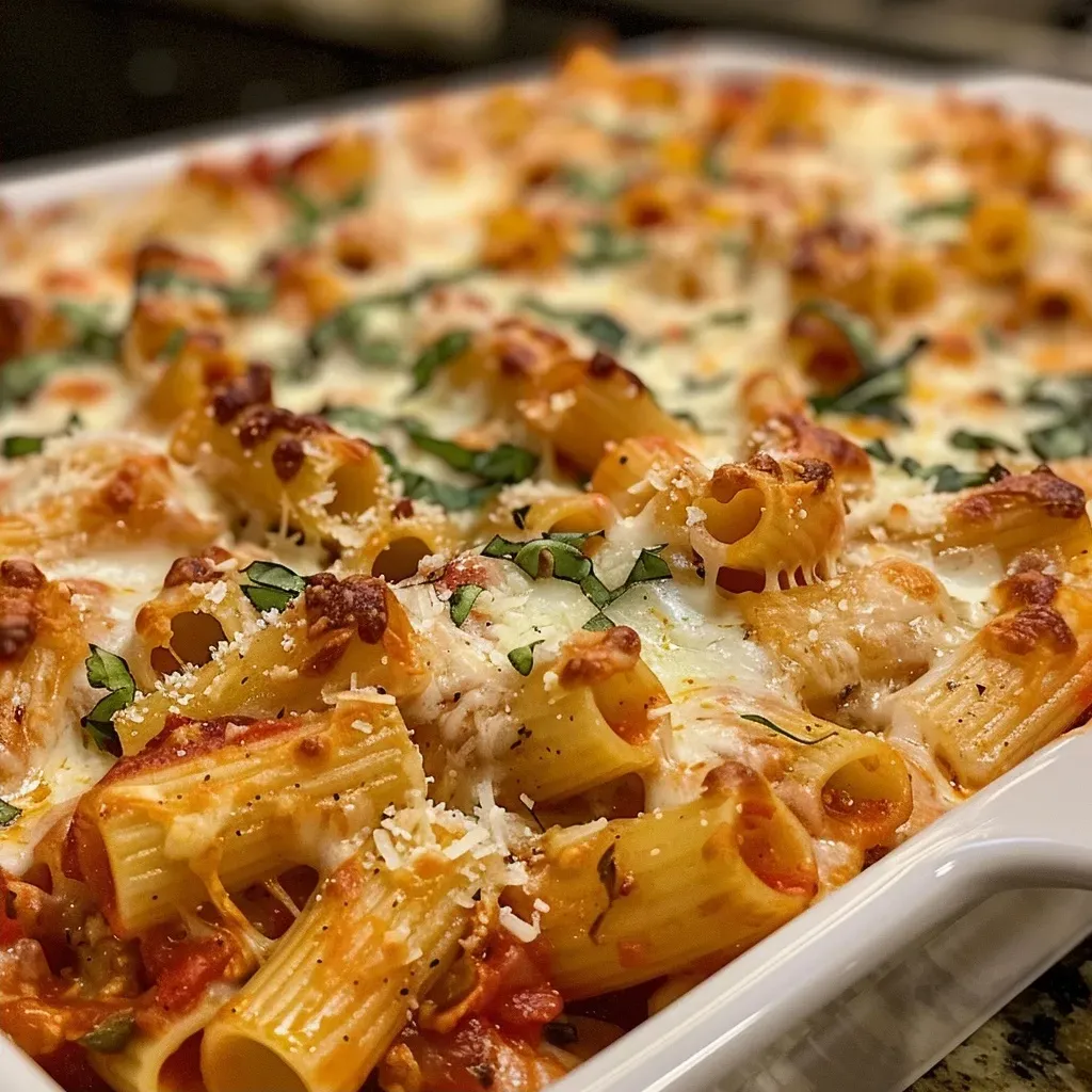['A close-up side view of a Honeycomb Pasta Bake with melted cheese and marinara sauce.', 'Golden-brown pasta bake with layers of cheese and sauce, freshly garnished with basil.', 'A steaming dish of Honeycomb Pasta Bake, showcasing its cheesy texture and rich marinara.', 'Side angle of a delicious Honeycomb Pasta Bake, with rigatoni and gooey mozzarella.']