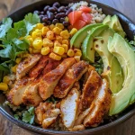 ['Close-up view of a Hot Honey Baja Chicken Bowl with colorful ingredients.', 'Side angle of a delicious Hot Honey Baja Chicken Bowl featuring chicken, rice, and avocado.', 'Juicy and vibrant Hot Honey Baja Chicken Bowl displayed in a bowl, highlighting various toppings.', 'An appetizing Hot Honey Baja Chicken Bowl with hot honey glaze, vegetables, and garnishes.']