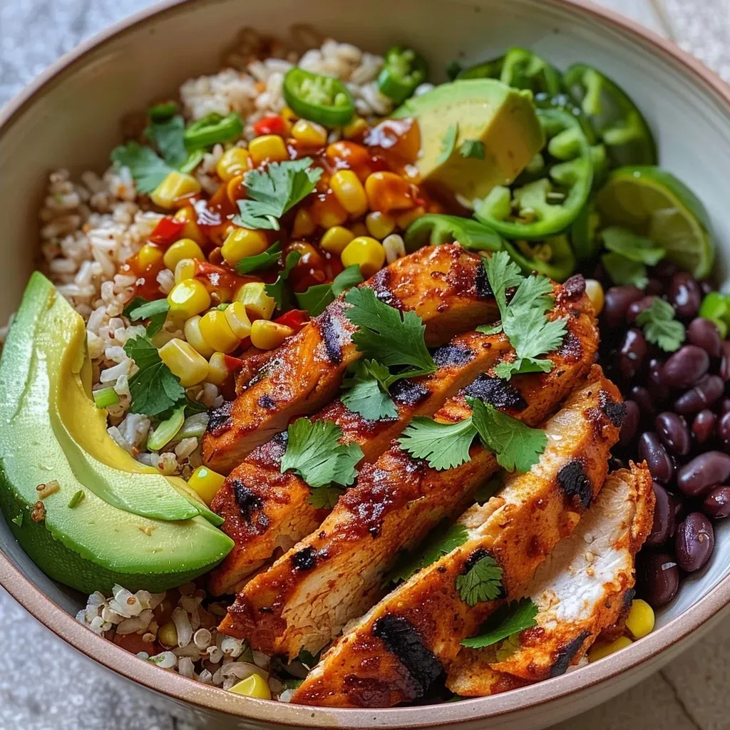 ['Close-up view of a Hot Honey Baja Chicken Bowl with colorful ingredients.', 'Side angle of a delicious Hot Honey Baja Chicken Bowl featuring chicken, rice, and avocado.', 'Juicy and vibrant Hot Honey Baja Chicken Bowl displayed in a bowl, highlighting various toppings.', 'An appetizing Hot Honey Baja Chicken Bowl with hot honey glaze, vegetables, and garnishes.']