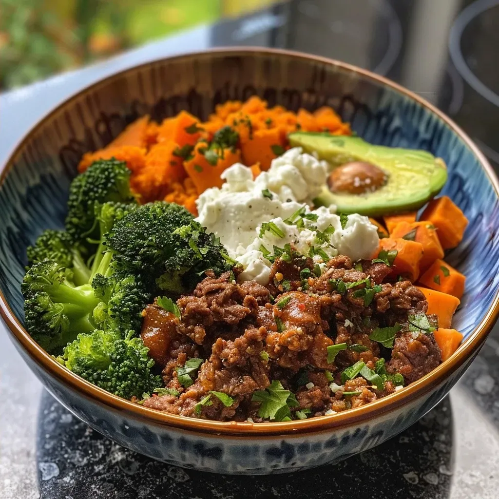 ['A close-up view of a hot honey beef bowl featuring vibrant ingredients like sweet potatoes, avocado, and tenderstem broccoli.', 'Juicy lean beef mince bowl topped with hot honey sauce, surrounded by colorful vegetables and cottage cheese.', 'Side view of a hearty hot honey beef bowl showcasing cooked sweet potatoes, fresh avocado, and broccoli.', 'Delicious bowl filled with hot honey beef, sweet potatoes, cottage cheese, and garnished with avocado slices.']