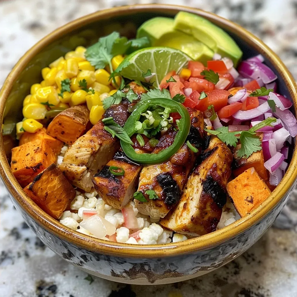 Close-up of a Hot Honey Chicken Bowl featuring chicken, rice, broccoli, and bell peppers.