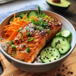 ['A close-up of a Hot Honey Glazed Salmon Bowl with vibrant ingredients, showcasing salmon, rice, and fresh vegetables.', 'Side view of a delicious Hot Honey Glazed Salmon Bowl filled with salmon, rice, avocado, and colorful veggies.', 'Juicy salmon glistening with hot honey glaze, served in a bowl with rice and fresh garnishes.', 'A mouthwatering Hot Honey Glazed Salmon Bowl featuring thick salmon fillets and a variety of fresh toppings.']