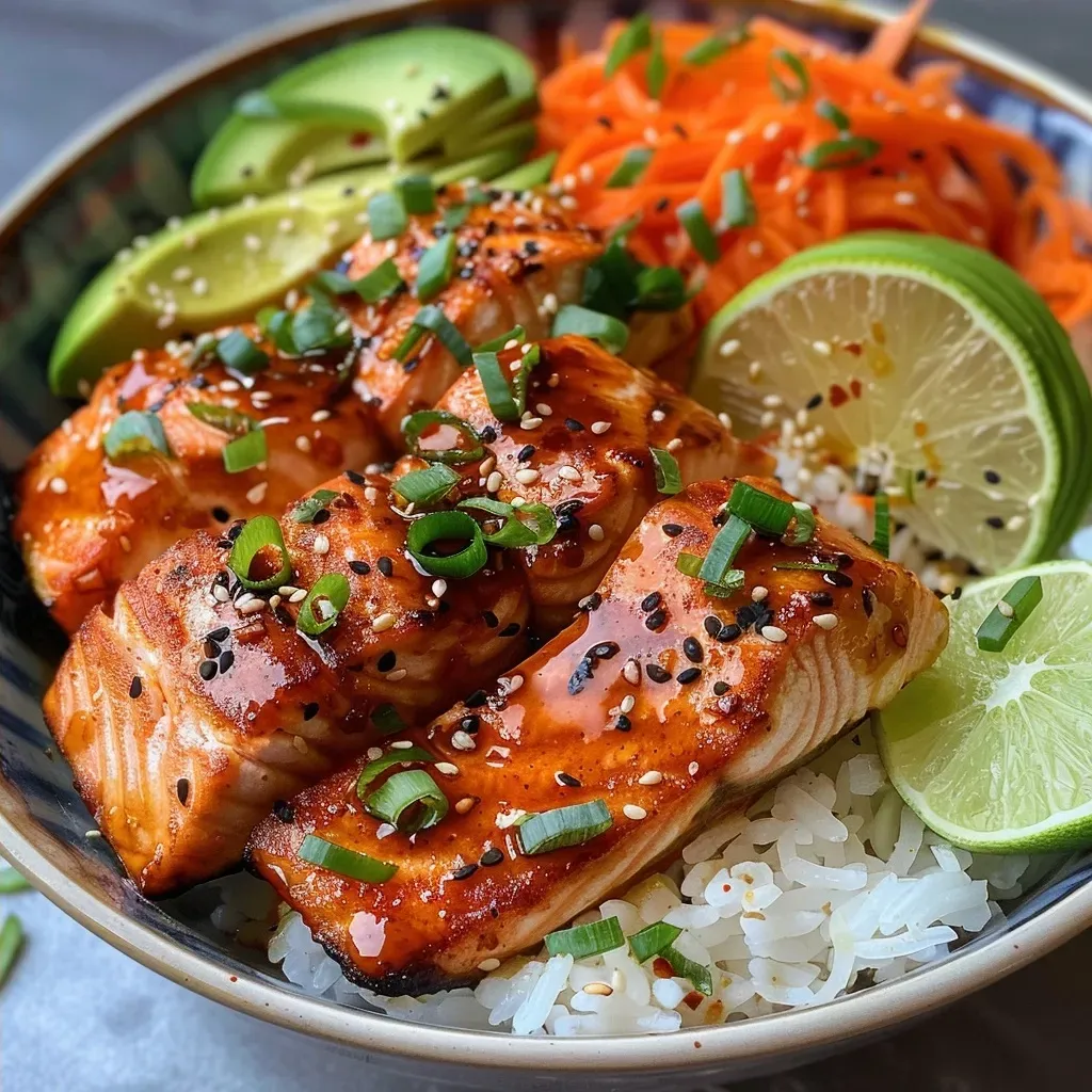 ['A close-up of a Hot Honey Glazed Salmon Bowl with vibrant ingredients, showcasing salmon, rice, and fresh vegetables.', 'Side view of a delicious Hot Honey Glazed Salmon Bowl filled with salmon, rice, avocado, and colorful veggies.', 'Juicy salmon glistening with hot honey glaze, served in a bowl with rice and fresh garnishes.', 'A mouthwatering Hot Honey Glazed Salmon Bowl featuring thick salmon fillets and a variety of fresh toppings.']
