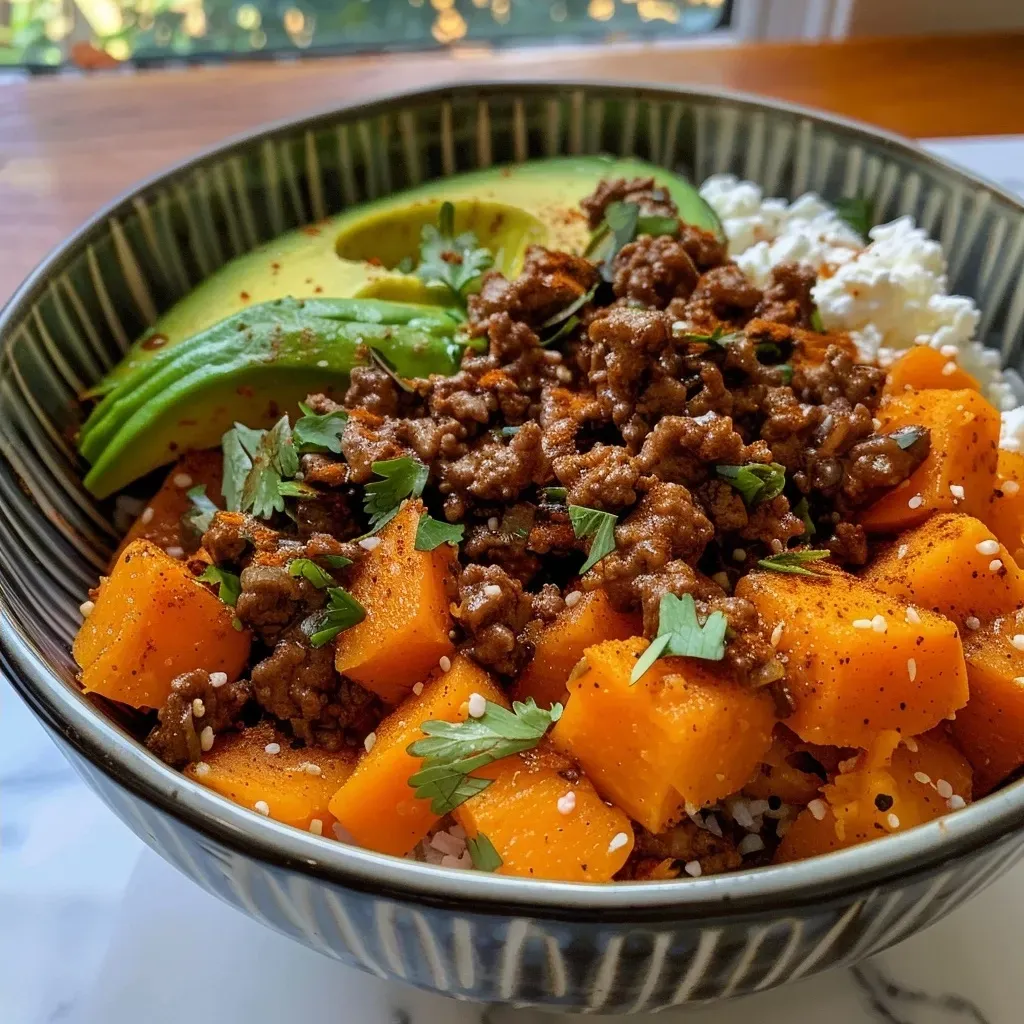 ['Close-up view of a Hot Honey Ground Beef Bowl featuring colorful ingredients.', 'Juicy Hot Honey Ground Beef Bowl with sweet potatoes and avocado in a white bowl.', 'Side view of a delicious bowl filled with ground beef, sweet potatoes, and cottage cheese.', 'A vibrant Hot Honey Ground Beef Bowl topped with avocado and drizzled with hot honey.']
