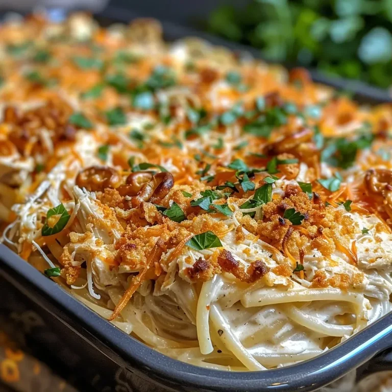 ['Close-up view of a cheesy spaghetti bake topped with pretzel chicken and honey glaze.', 'Side view of a baked dish featuring honey-drizzled chicken over spaghetti with melted cheese.', 'Juicy Hot Honey Pretzel Chicken Cheesy Spaghetti Bake displayed in a rustic dish.', 'Deliciously layered spaghetti bake with chicken, cheese, and pretzel crust, glazed with honey.']