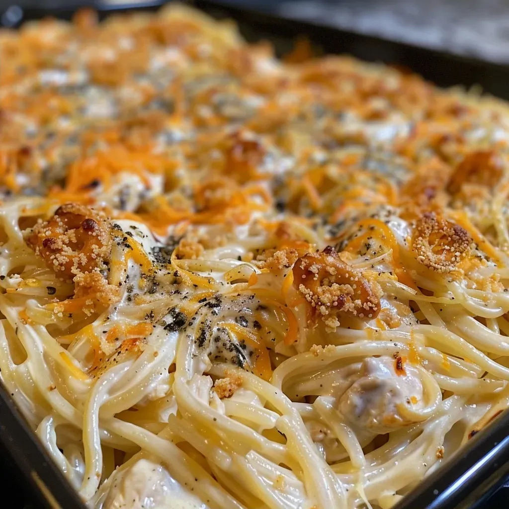 ['Close-up view of a cheesy spaghetti bake topped with pretzel chicken and honey glaze.', 'Side view of a baked dish featuring honey-drizzled chicken over spaghetti with melted cheese.', 'Juicy Hot Honey Pretzel Chicken Cheesy Spaghetti Bake displayed in a rustic dish.', 'Deliciously layered spaghetti bake with chicken, cheese, and pretzel crust, glazed with honey.']