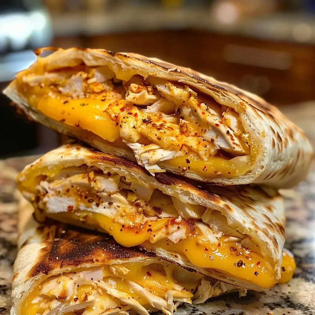 ['Close-up of a Hot Honey Pretzel Chicken Grilled Cheese Wrap with melted cheese and crispy edges.', 'Side view of a grilled cheese wrap filled with shredded chicken and drizzled with hot honey.', 'Juicy grilled cheese wrap showcasing pretzel exterior and gooey cheese filling.', 'Delicious Hot Honey Pretzel Chicken Grilled Cheese Wrap, highlighting its golden crust and vibrant filling.']