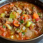 ['A close-up view of Instant Pot Cabbage Soup with ground beef, showing fresh vegetables and spices.', 'A side view of a bowl filled with hearty cabbage soup featuring ground beef and colorful veggies.', 'A vibrant, close-up image of cabbage soup made with ground beef, garnished with green herbs.', 'A detailed shot of steaming Instant Pot Cabbage Soup, highlighting diced tomatoes and chopped cabbage.']