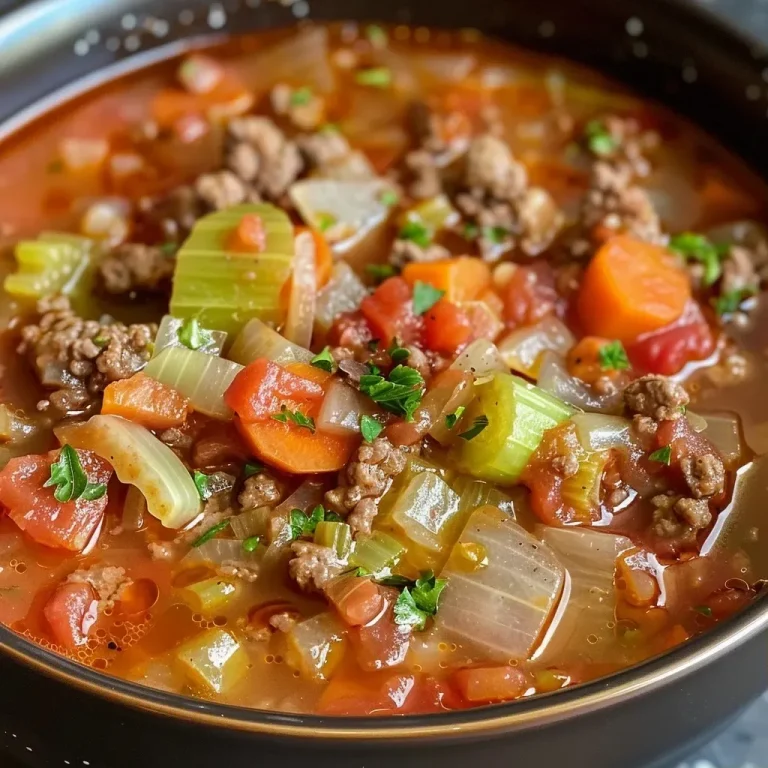 ['A close-up view of Instant Pot Cabbage Soup with ground beef, showing fresh vegetables and spices.', 'A side view of a bowl filled with hearty cabbage soup featuring ground beef and colorful veggies.', 'A vibrant, close-up image of cabbage soup made with ground beef, garnished with green herbs.', 'A detailed shot of steaming Instant Pot Cabbage Soup, highlighting diced tomatoes and chopped cabbage.']